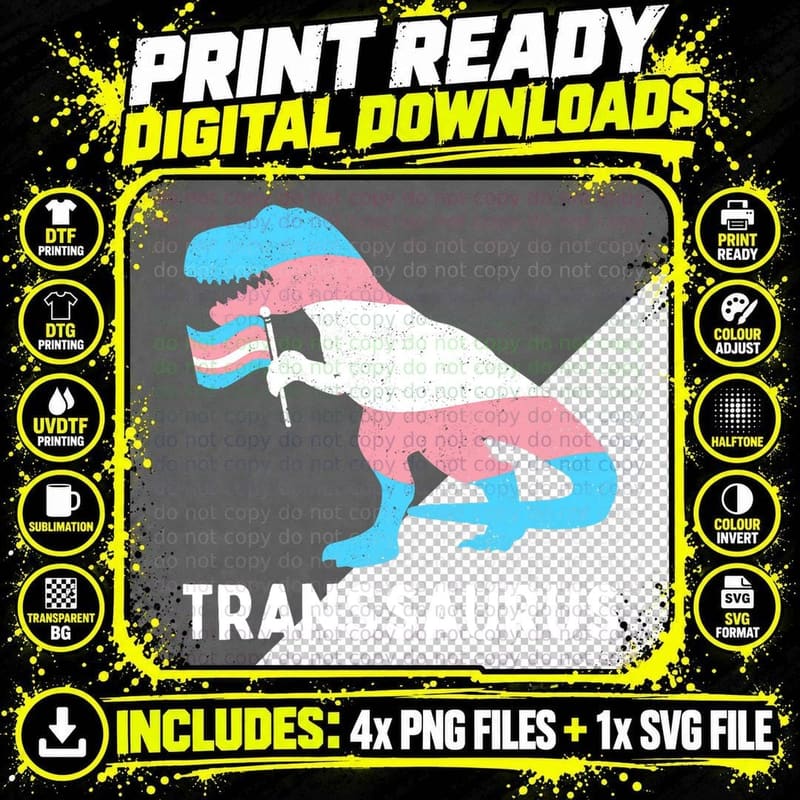 Trans Pride Flag Transgender Dino Transsaurus Rex Png SVG Digital Bundle