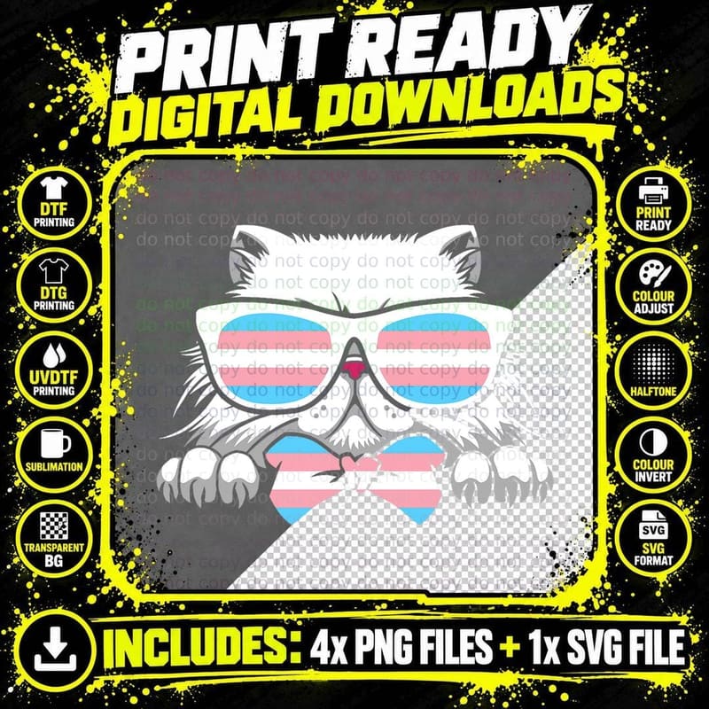 Transgender Cat Trans Pride Flag LGBTQ Gender Equality Png SVG Digital Bundle