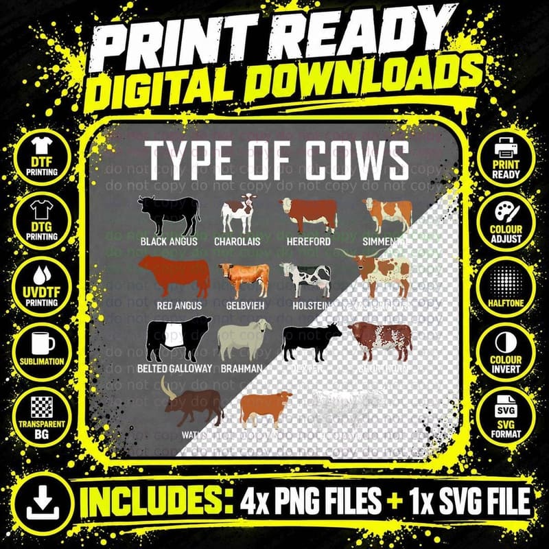 Types of Cows Shirt Farmer Tee Shirt Costume Cow T-Shirt Png SVG Digital Bundle
