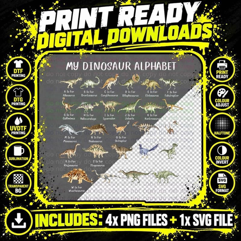 Types of Dinosaurs Alphabet A-Z ABC Dinosaur Png SVG Digital Bundle