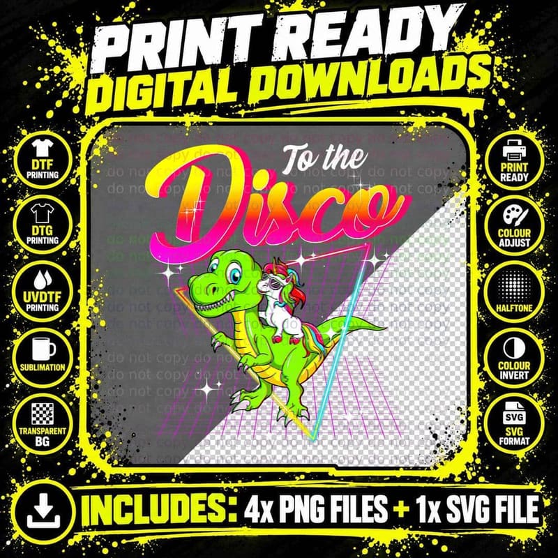 Unicorn Disco Dinosaur Cute Old School T-Shirt Png SVG Digital Bundle