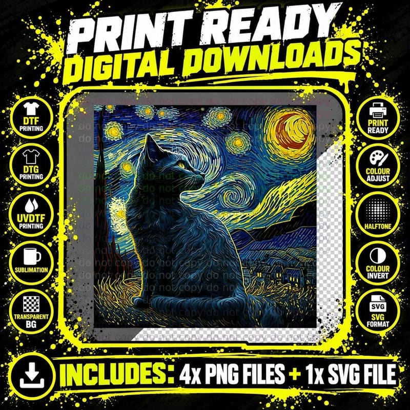 Van Gogh Starry Night Cat for Cat Lover Png SVG Digital Bundle