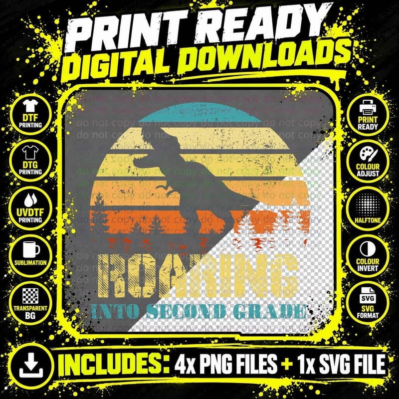 Vintage Roaring into Second Grade Back to School Png SVG Digital Bundle