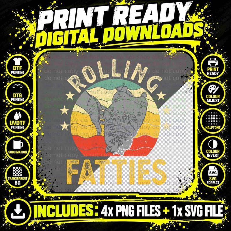 Vintage Rolling Fatties Cat Retro Kitty Kitten Meow Png SVG Digital Bundle