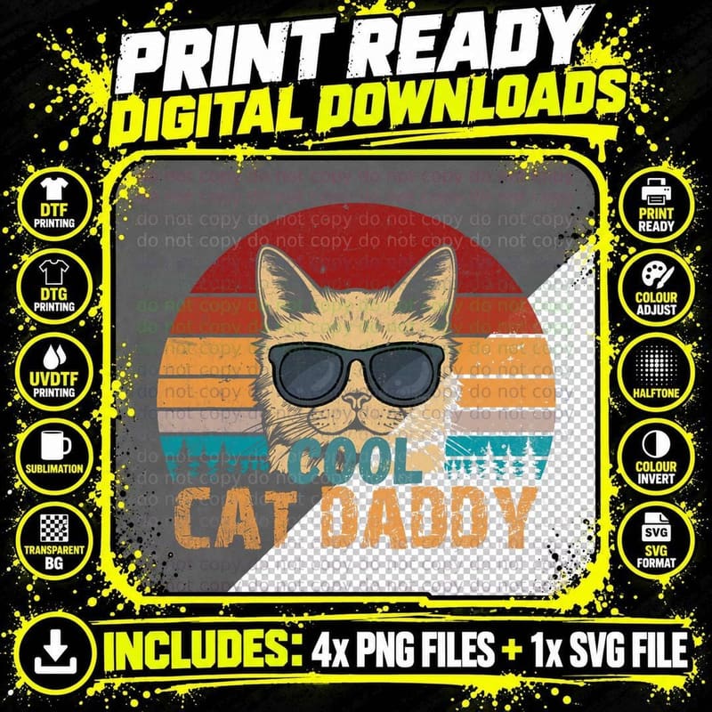 Vintage and Distressed Style, Cool Cat Daddy, Cat Dad Png SVG Digital Bundle