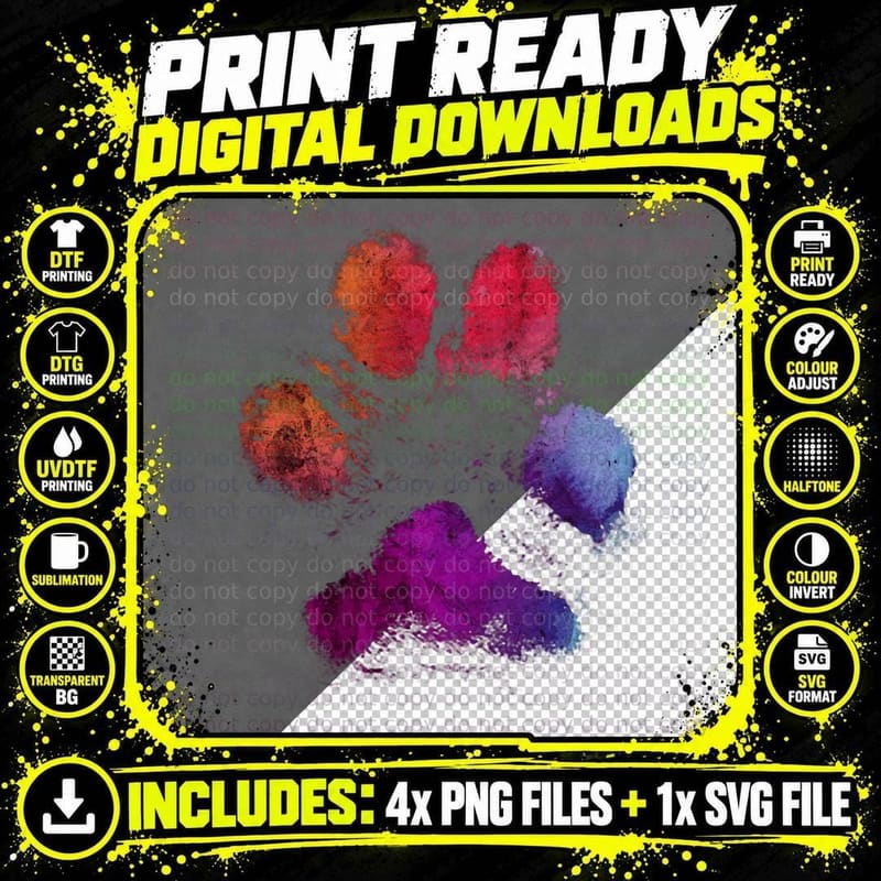 Watercolor Paw Print T-Shirt, Animals, Cat Png SVG Digital Bundle