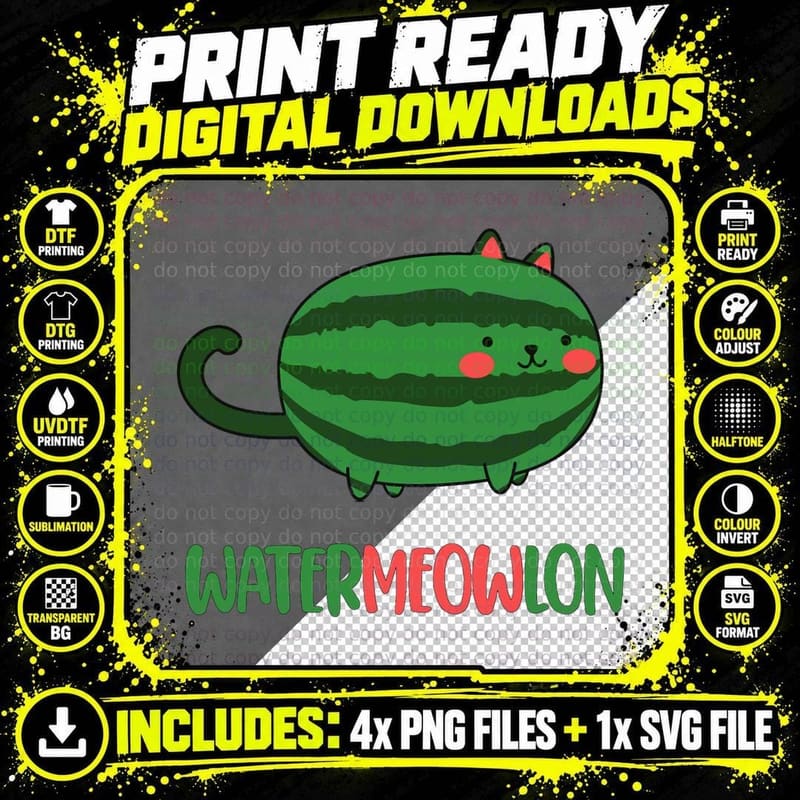Watermeowlon Cat, Funny Summer Watermelon Lovers Men Png SVG Digital Bundle