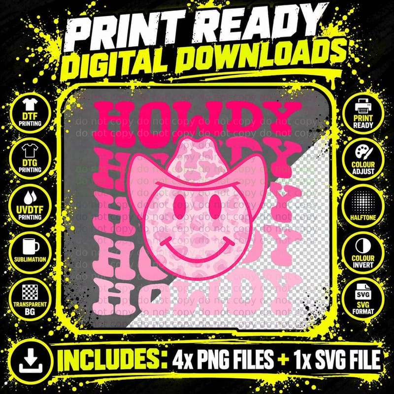 Western Country Cow Howdy Leopard Smile Face Cowgirl Png SVG Digital Bundle