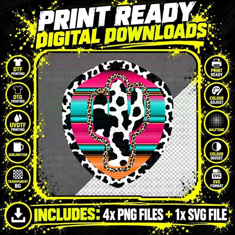 Western Cow Cactus Leopard Cheetha Serape Turquoise Pink Png SVG Digital Bundle
