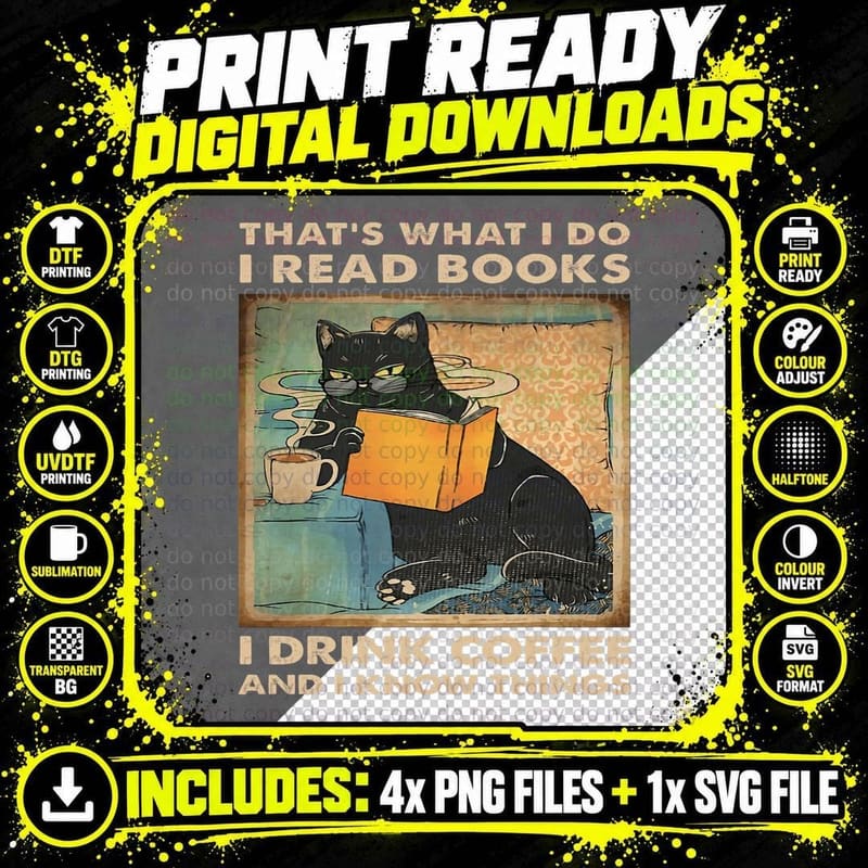 What I Do I Read Books I Drink Coffee Owl- Black Cat Png SVG Digital Bundle