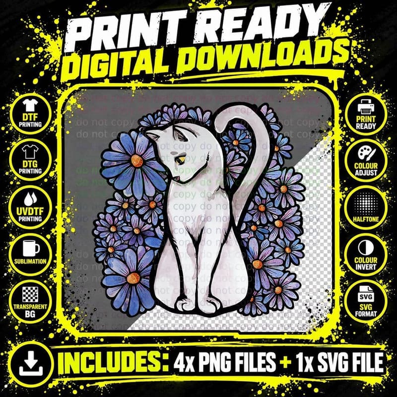 White Cats Kitty Cat Flower Garden T-Shirt Png SVG Digital Bundle