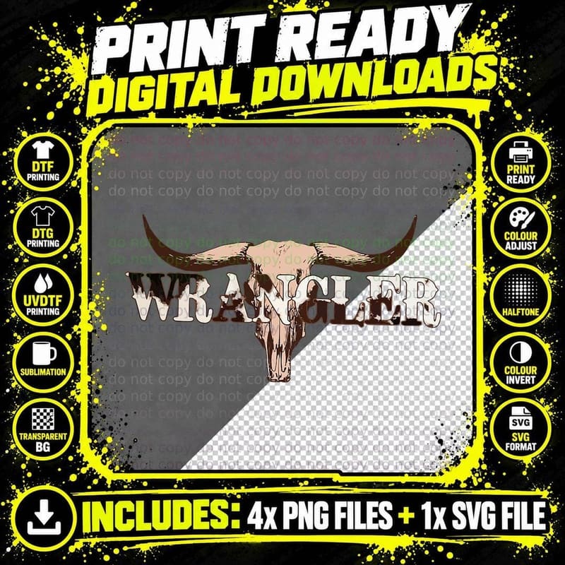 Wrangler Cowhide, Cow Skull, Cow Print Wrangler T-Shirt Png SVG Digital Bundle