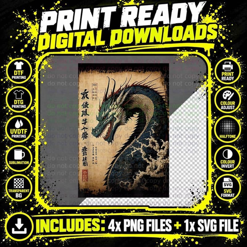 Aesthetic Japanese Symbol Dragon Kanji Kanagawa T-Shirt Png SVG Digital Bundle