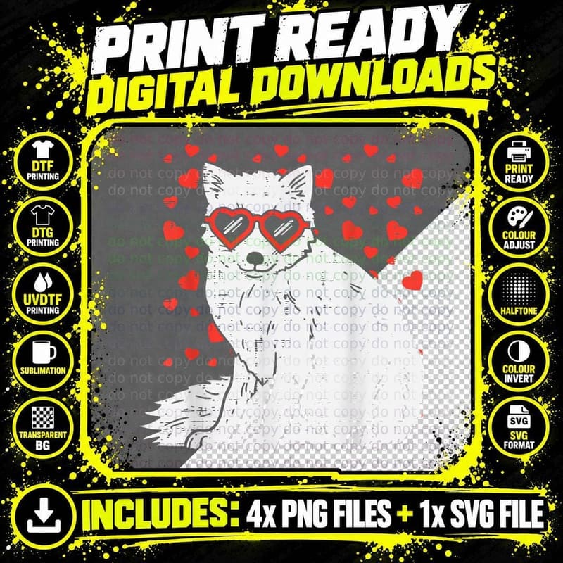 Arctic Snow Fox Heart Glasses Valentines Day Animal Gift Png SVG Digital Bundle
