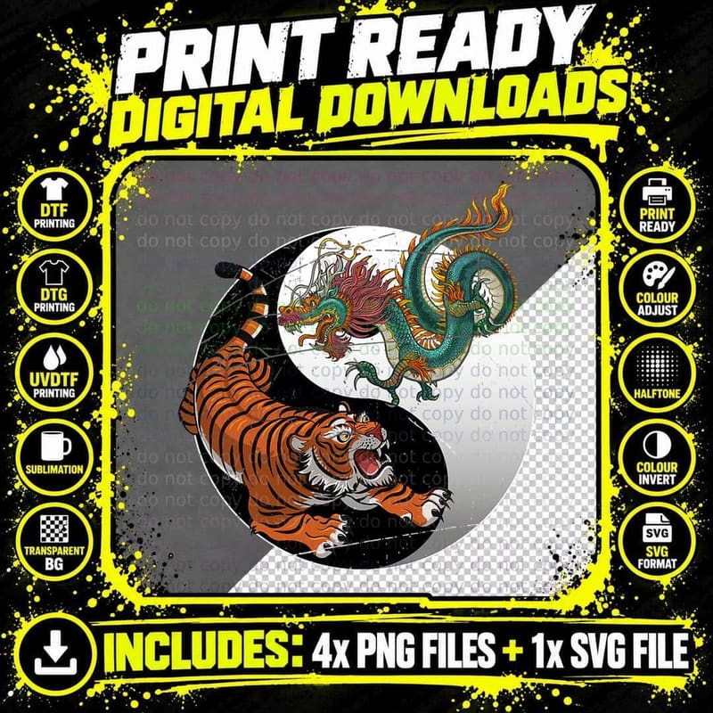 Asian Dragon Tiger Yin Yang Tiger T-Shirt Png SVG Digital Bundle