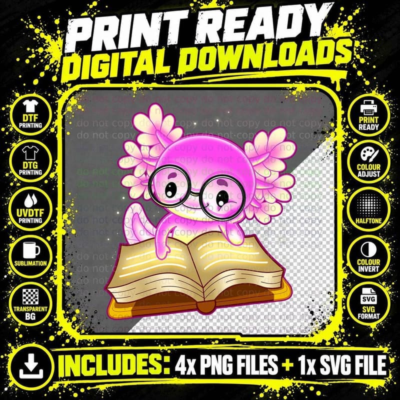 Axolotl Read Book Ambystoma Mexicanum Mexican Walking Png SVG Digital Bundle