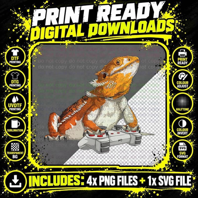Bearded Dragon Playing Video Games Reptiles Lizard Png SVG Digital Bundle