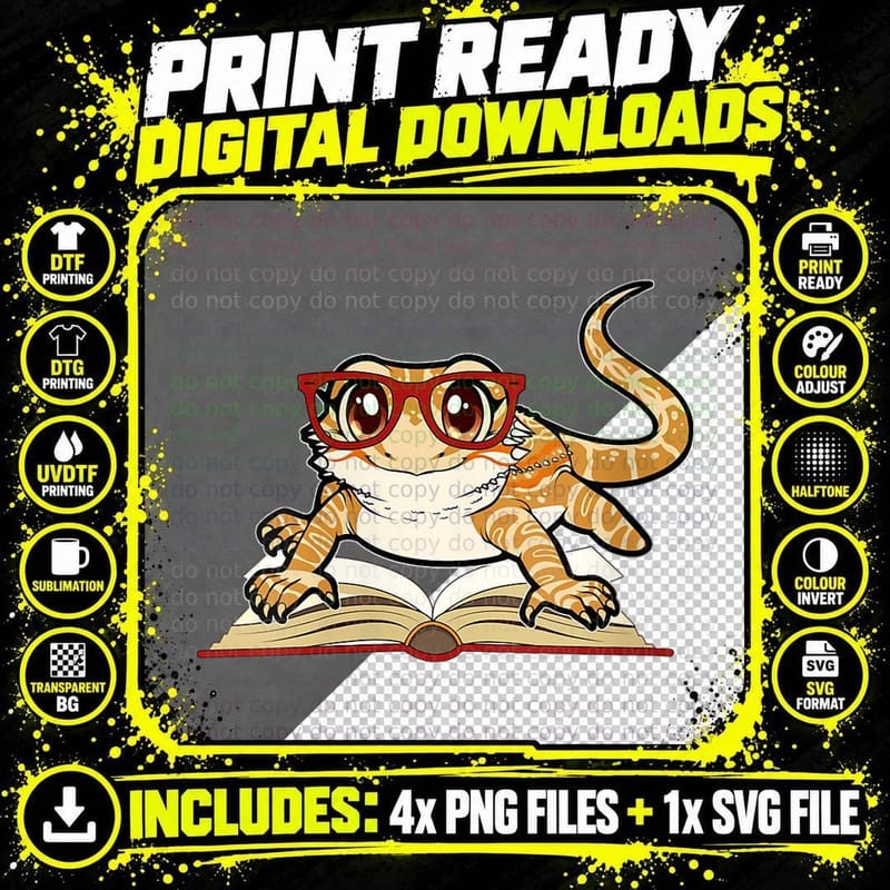 Bearded Dragon Reading Books T-Shirt, Nerdy Glasses Tee Png SVG Digital Bundle