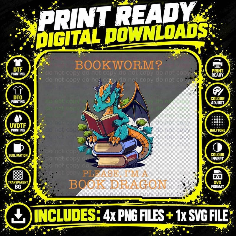Bookworm Book Dragon! T-Shirt Png SVG Digital Bundle