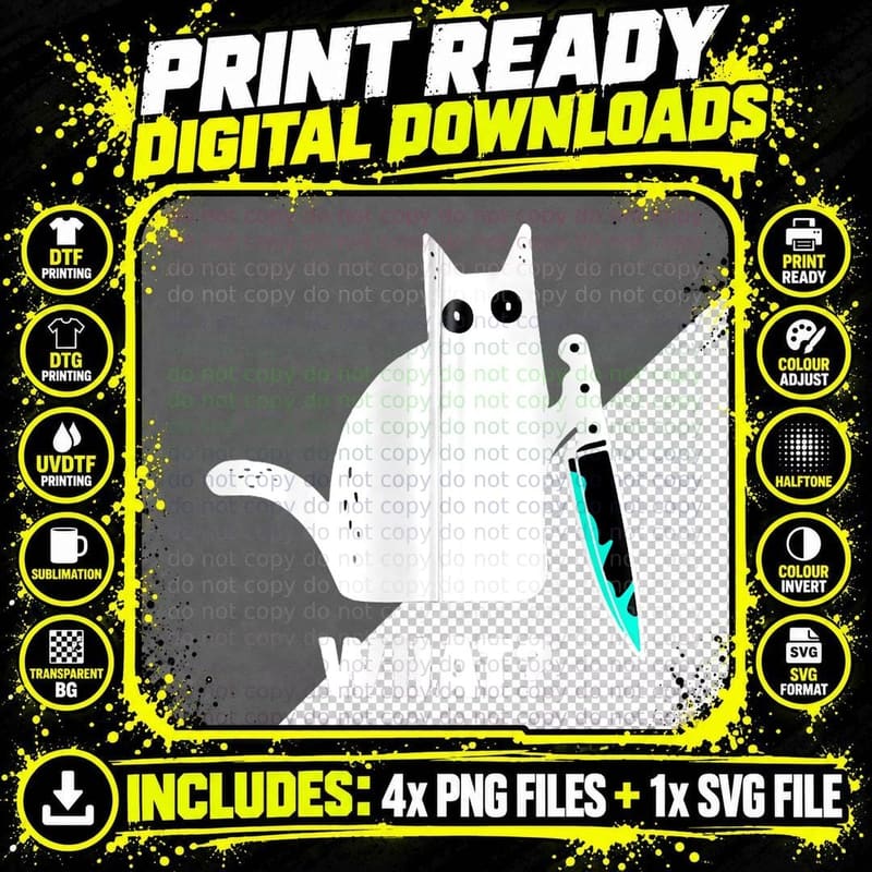 Cat What Funny Black Cat Shirt, Murderous Cat with Knife Png SVG Digital Bundle