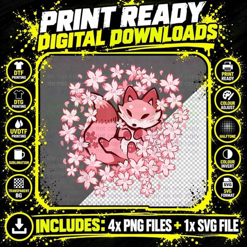 Cherry Blossom Fox - Cute Pink Fox T-Shirt Png SVG Digital Bundle