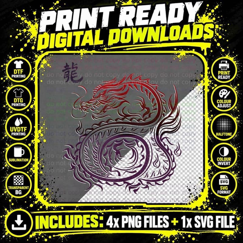 Chinese Dragon Kanji Tattoo Style Asian Art T-Shirt Png SVG Digital Bundle