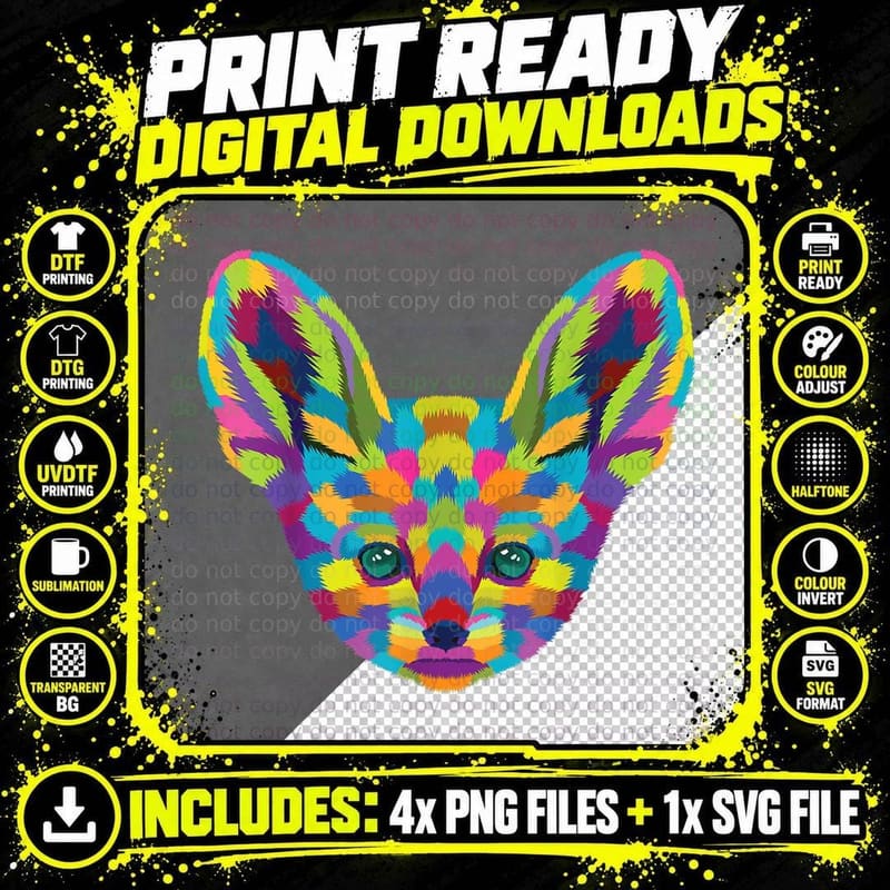 Colorful Cute Fennec Fox Head Art Face for Lovers of Png SVG Digital Bundle