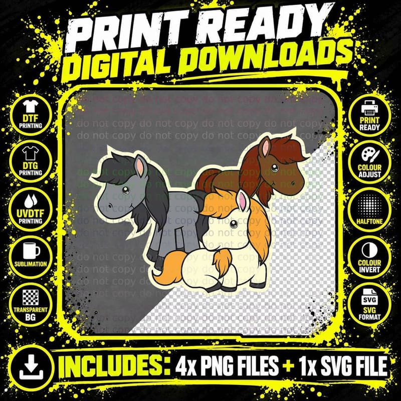 Comic Horses Trio Cartoon Style Horse Motif Equestrian Png SVG Digital Bundle
