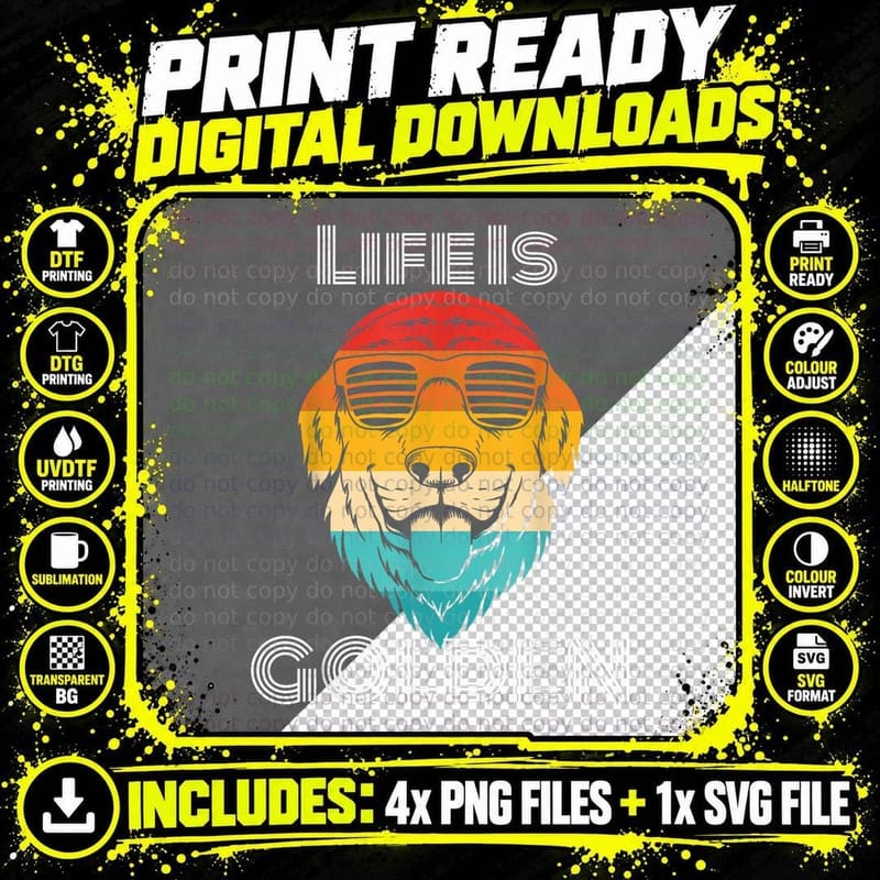 Cool Retro Style Golden Retriever Dog - Life Is Golden Png SVG Digital Bundle