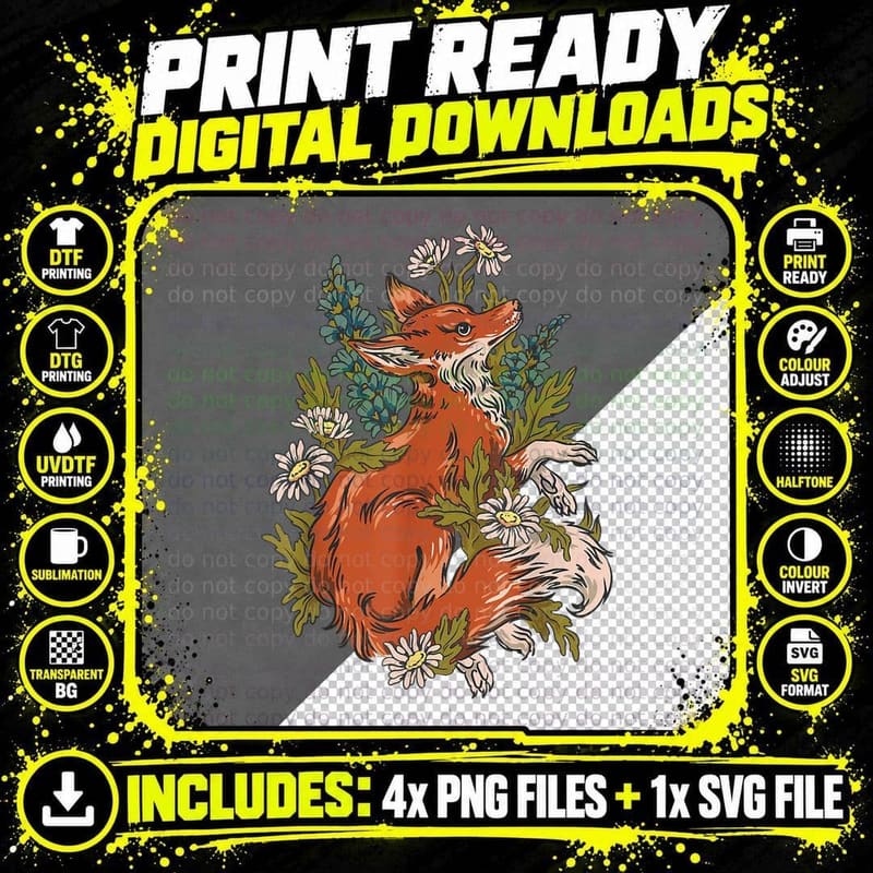 Cottagecore Aesthetic Fox and Camomile Flowers Retro Png SVG Digital Bundle