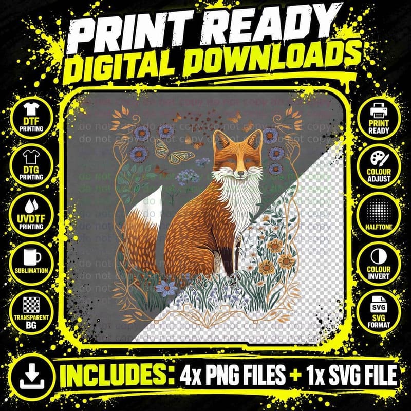 Cottagecore Aesthetic Fox and Flowers Fox Lover T-Shirt Png SVG Digital Bundle