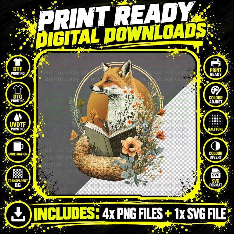 Cottagecore Fox Reading a Book Floral Aesthetic Cute Png SVG Digital Bundle