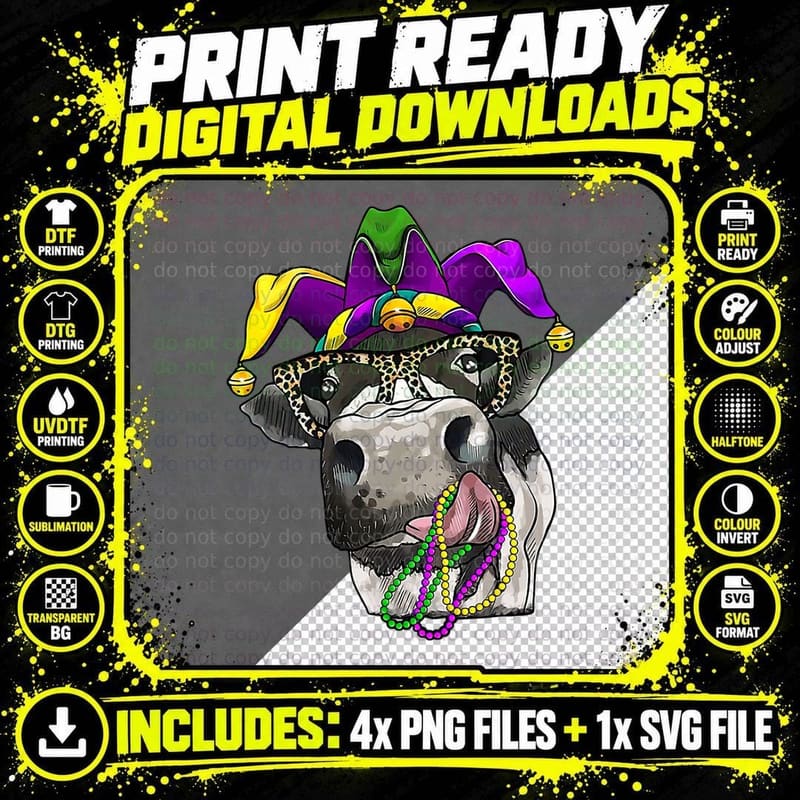 Cow Heifer Mardi Gras Carnival Farm Animal T-Shirt Png SVG Digital Bundle