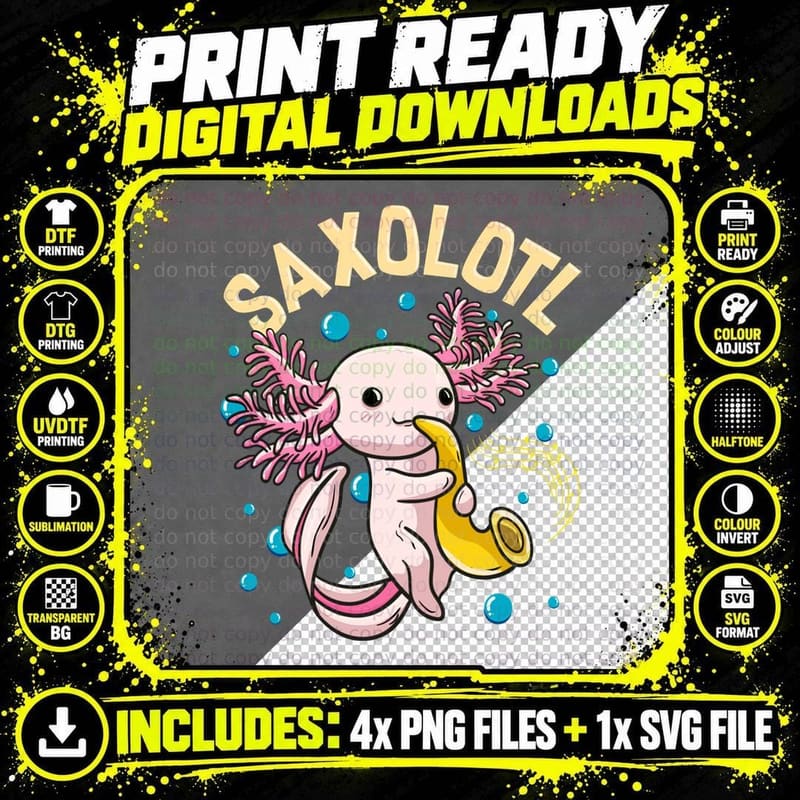 Cute & Funny Saxolotl Adorable Sax Playing Axolotl Png SVG Digital Bundle