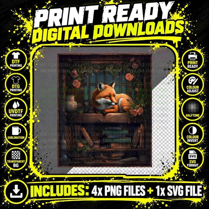 Cute Relaxing Cottagecore Fox T-Shirt Png SVG Digital Bundle