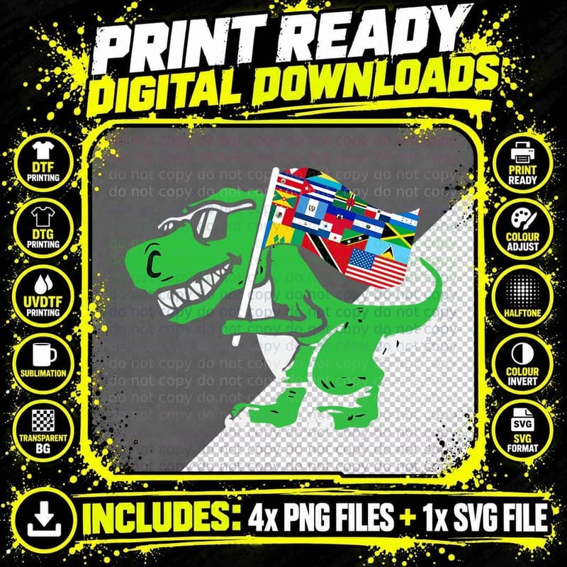 Dinosaur Latin Countries Flag Hispanic Heritage Month Png SVG Digital Bundle