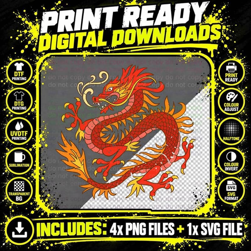 Dragon Chinese Fantasy Animal Gift Fire Dragon T-Shirt Png SVG Digital Bundle