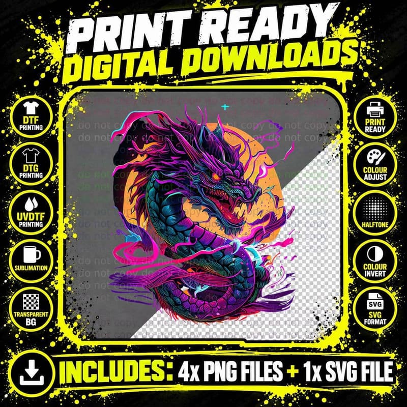 Dragon Japan Synthwave 80s 90s Japanese Tokyo Dragon Png SVG Digital Bundle