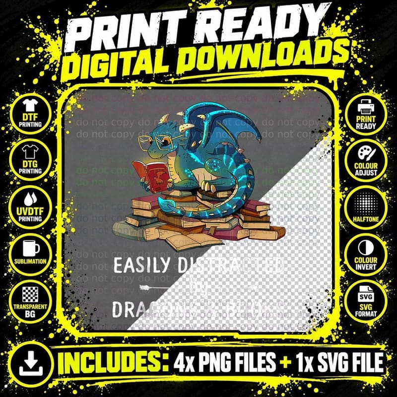 Easily Distracted Dragons Books Nerd Dragon T-Shirt Png SVG Digital Bundle