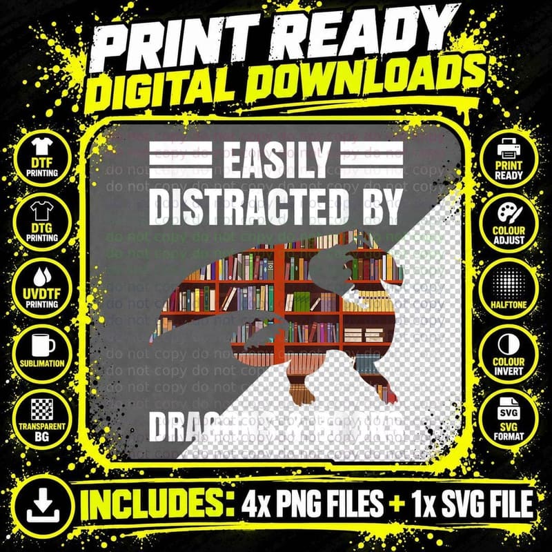 Easily Distracted by Dragon and Books Literature Png SVG Digital Bundle