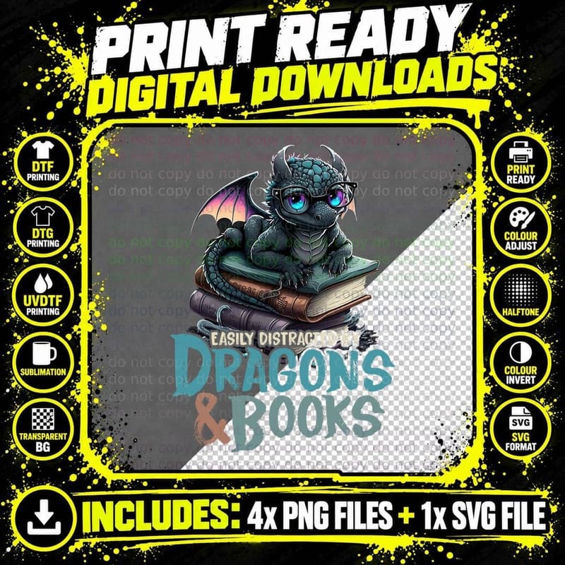 Easily Distracted by Dragon and Books for Book Lover Png SVG Digital Bundle