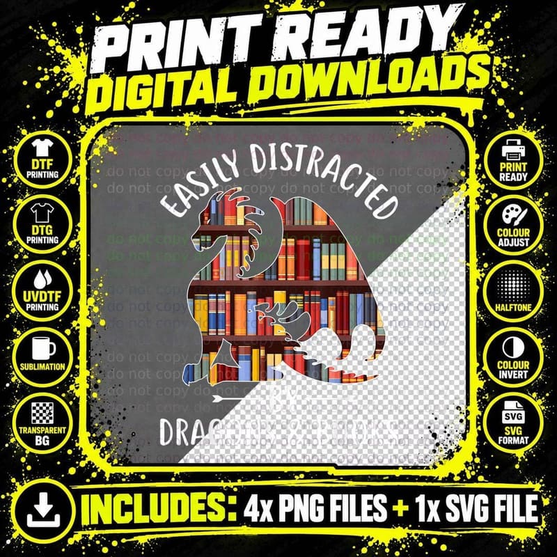 Easily Distracted by Dragons and Books Dragon Lover Png SVG Digital Bundle