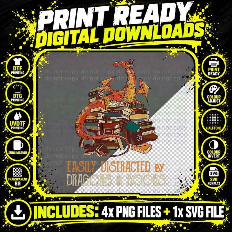 Easily Distracted by Dragons and Books Funny Dragon Png SVG Digital Bundle