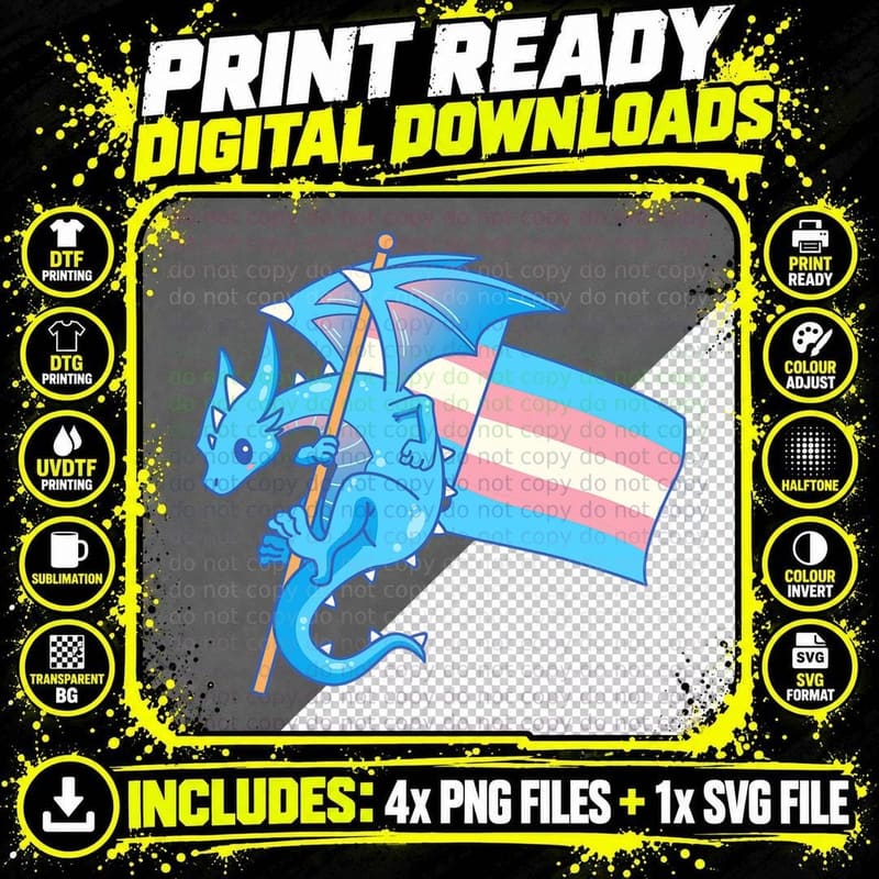 Epic Dragon with Trans Pride Flag - LGBTQ T-Shirt Png SVG Digital Bundle
