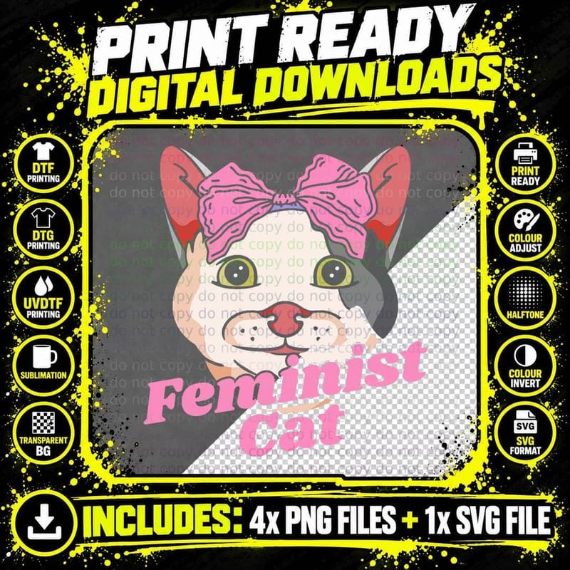 Feminism Cat Bow - Rights Equality Feminist Cat T-Shirt Png SVG Digital Bundle