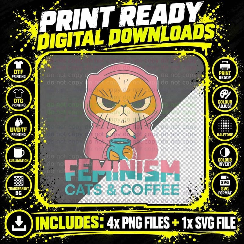 Feminist Coffee Equality Rights - Feminism Cat T-Shirt Png SVG Digital Bundle