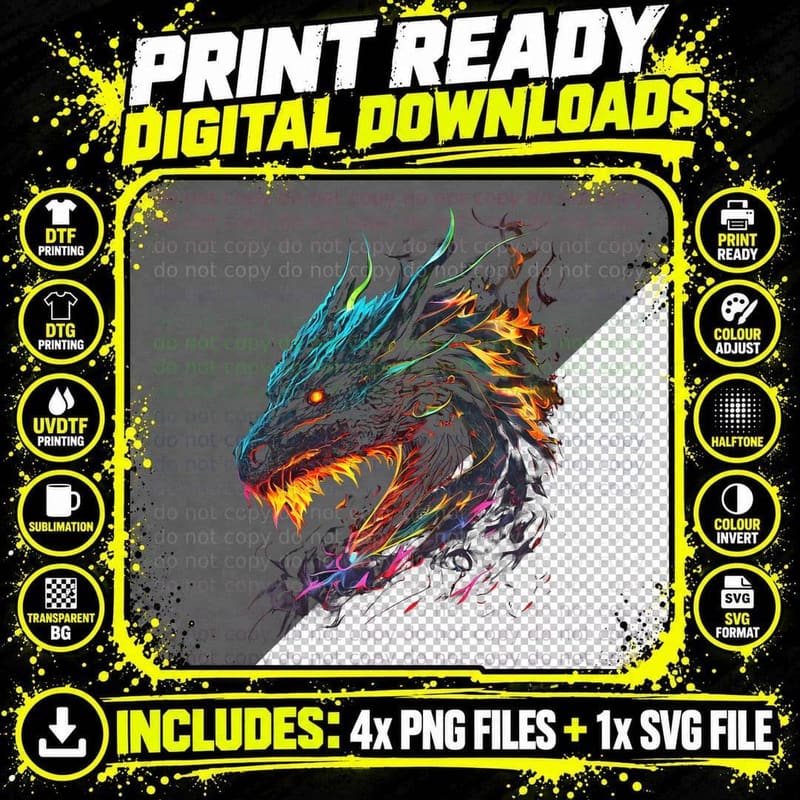 Fire Dragon Flame Dragon Graphic Tees Men Women Boys Png SVG Digital Bundle