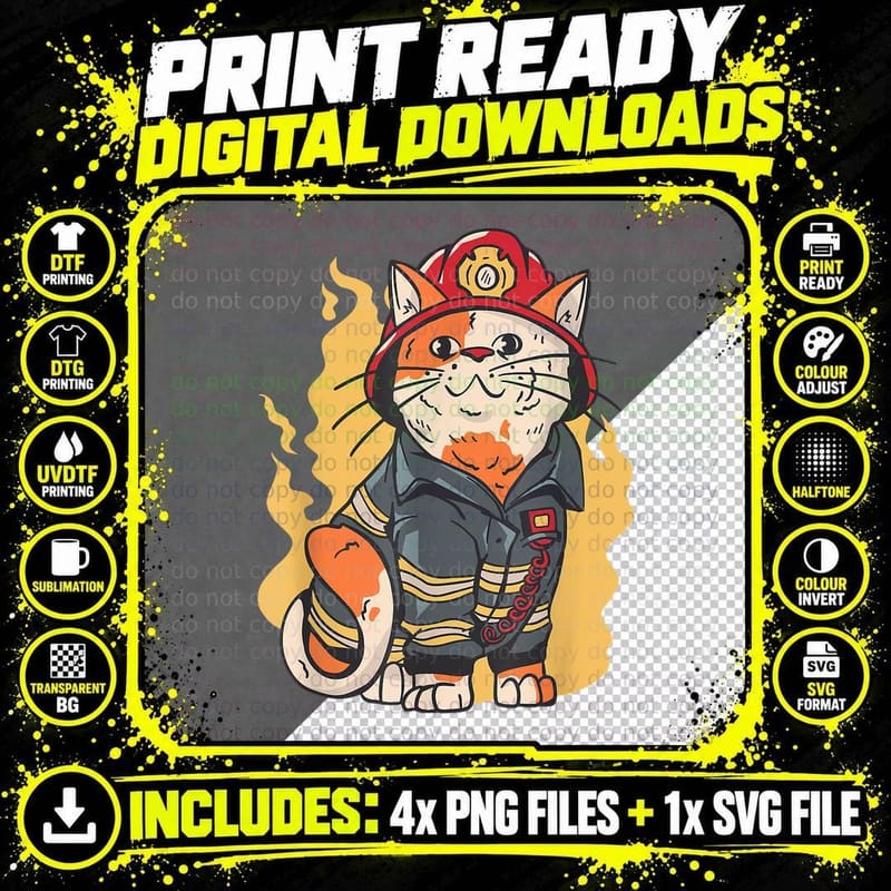 Firefighter Cat Pet Fire Flames Job T-Shirt Png SVG Digital Bundle