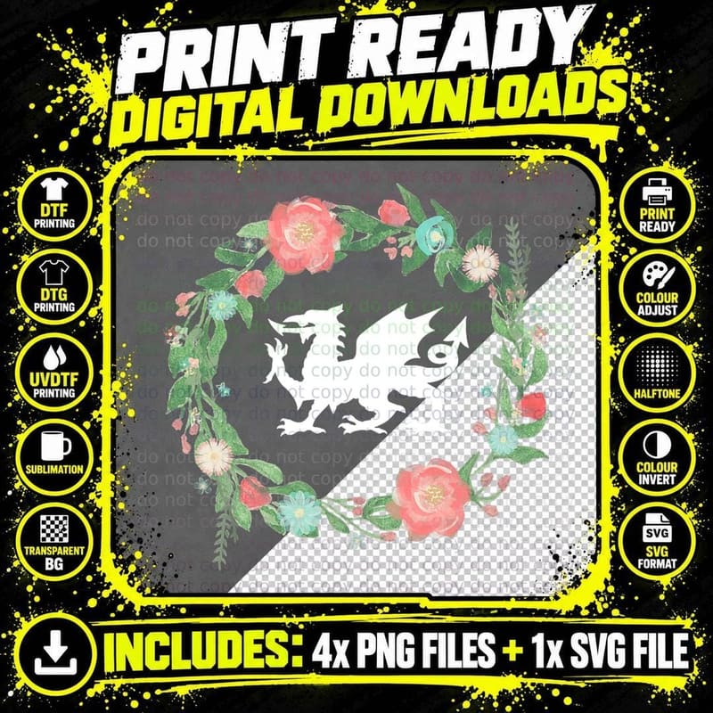 Floral Welsh Dragon Tshirt - I Love Wales Cymru Top Png SVG Digital Bundle