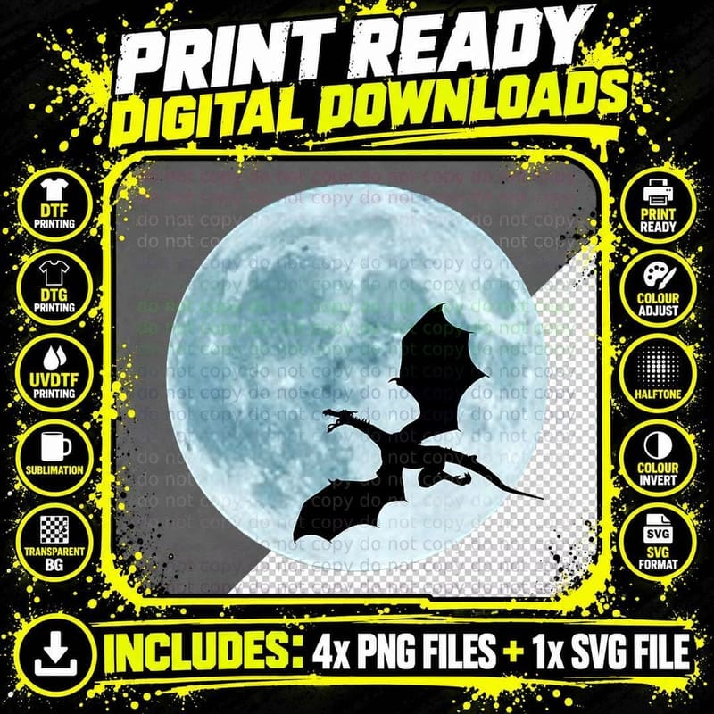 Flying Dragon by the Moon T T-Shirt Png SVG Digital Bundle